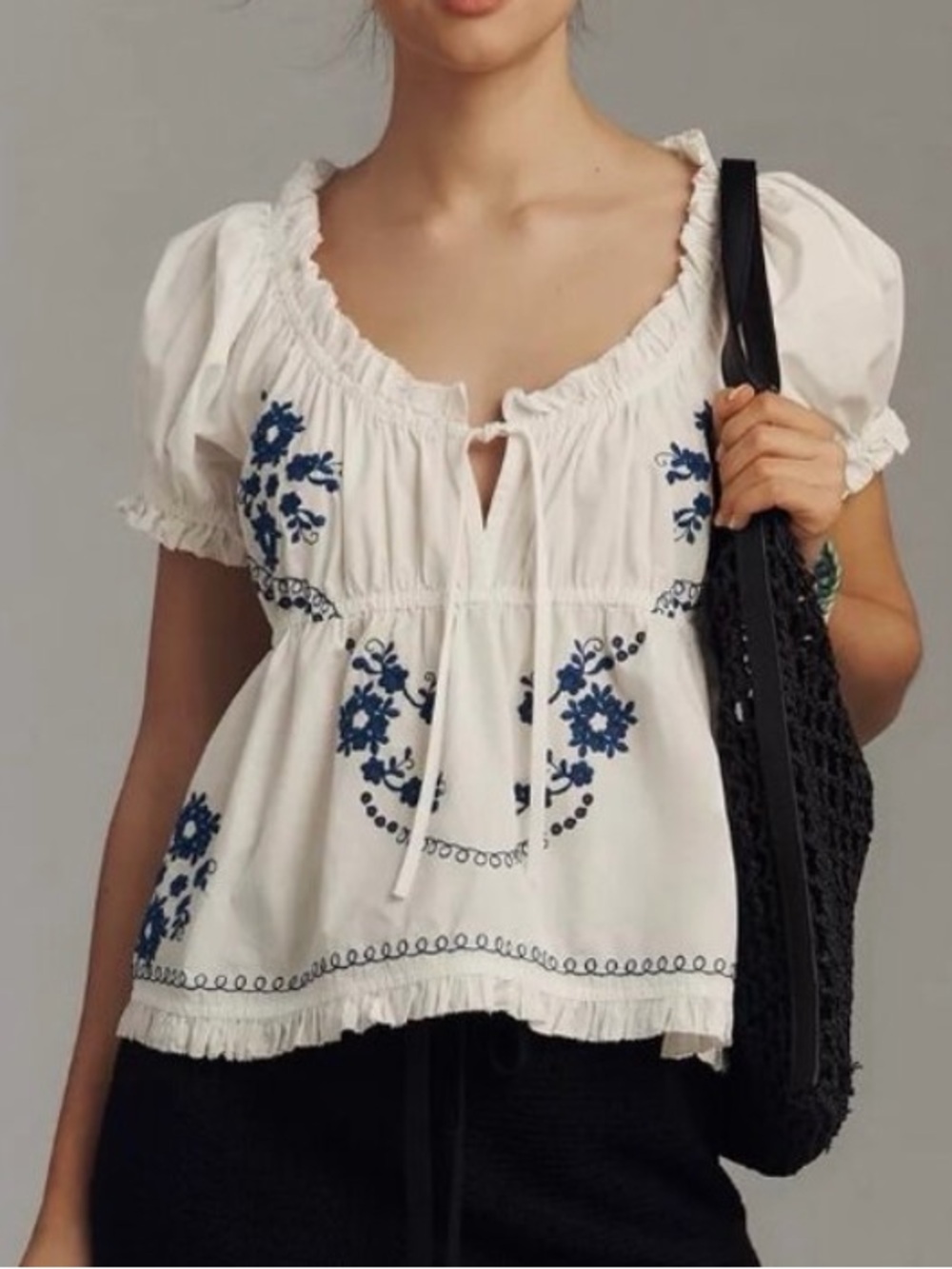 Anthropologie White Peasant Top with Blue Embroidered Floral Detail Medium